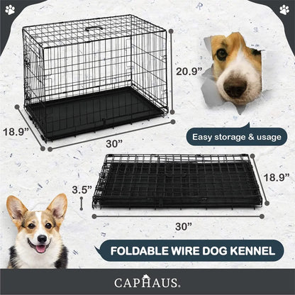 CAPHAUS Foldable Wire Dog Crate with Leak-Proof Pan, Protective Feet, and Divider Panel for Small, Medium, and Large Dogs - Available in 24” and 30” Single Door Options