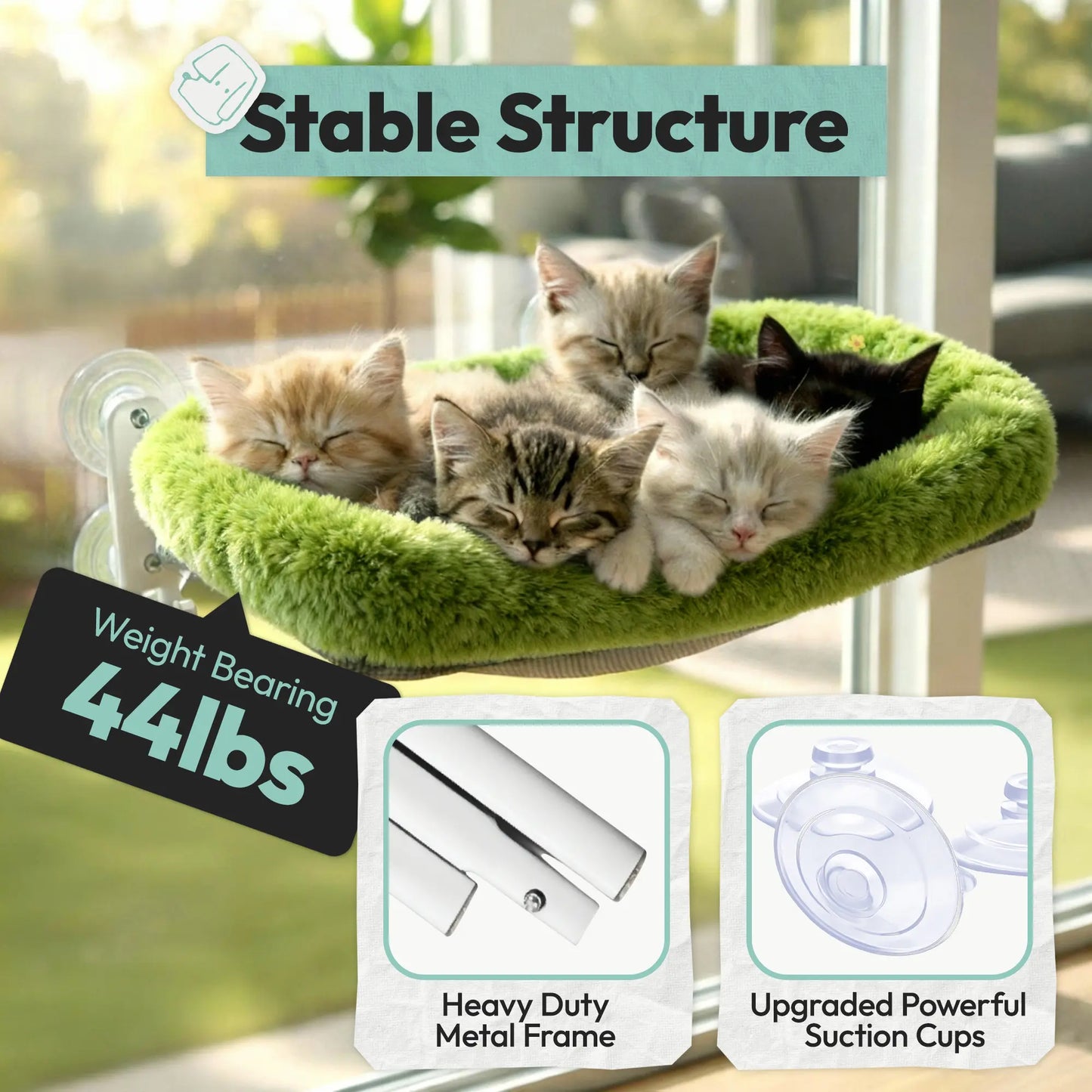 Folding Cat Window Hammock - Cordless, Machine Washable Bed with Sturdy Metal Frame and Strong Suction Cups for Cats and Small Dogs