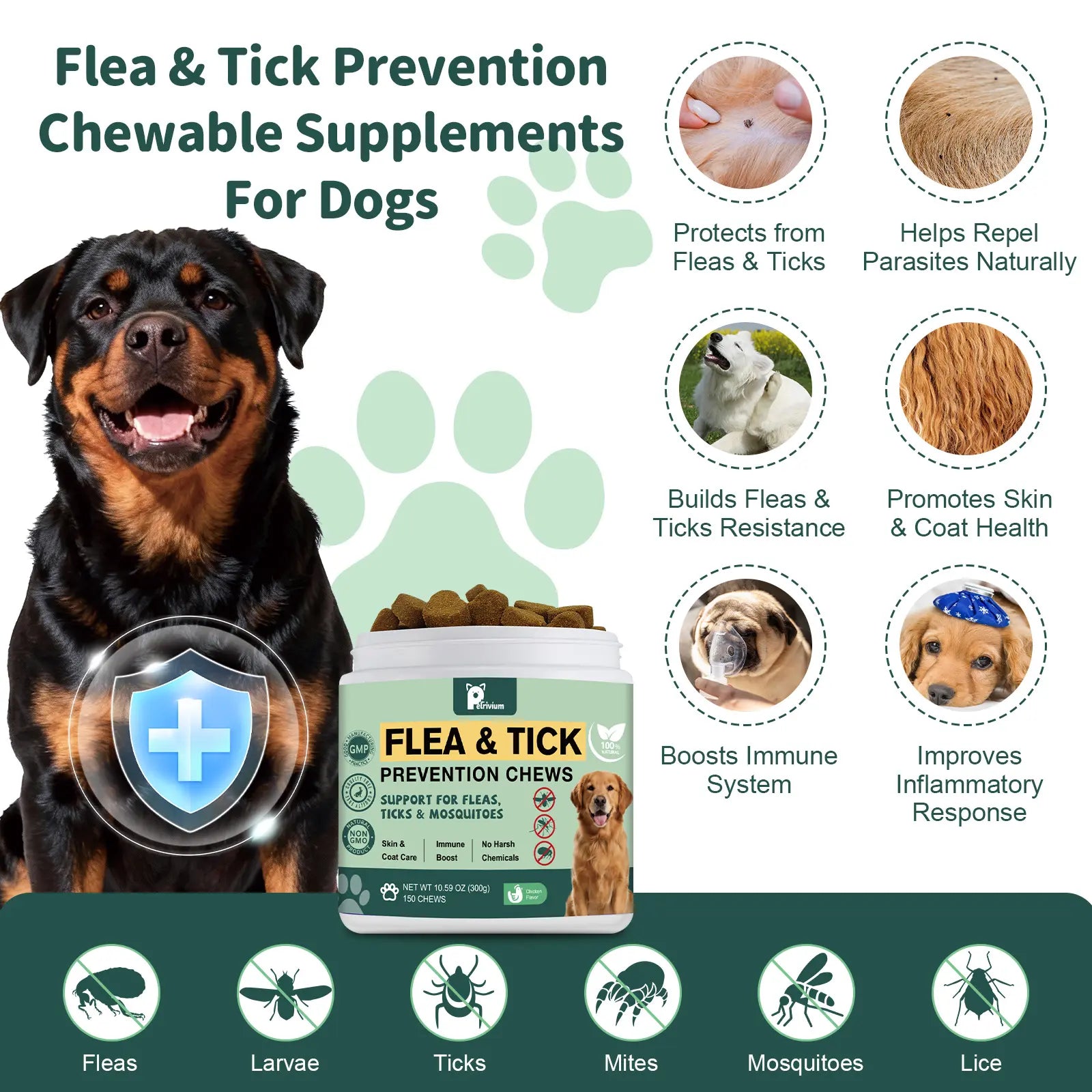 Dog Flea and Tick Support Soft Chews - Natural Oral Supplement for All Breeds and Sizes - 150 Chicken Flavored Treats