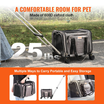 VEVOR Airline Approved Rolling Cat Carrier with Wheels, Telescopic Handle, and Shoulder Strap, Includes Folding Bowl
