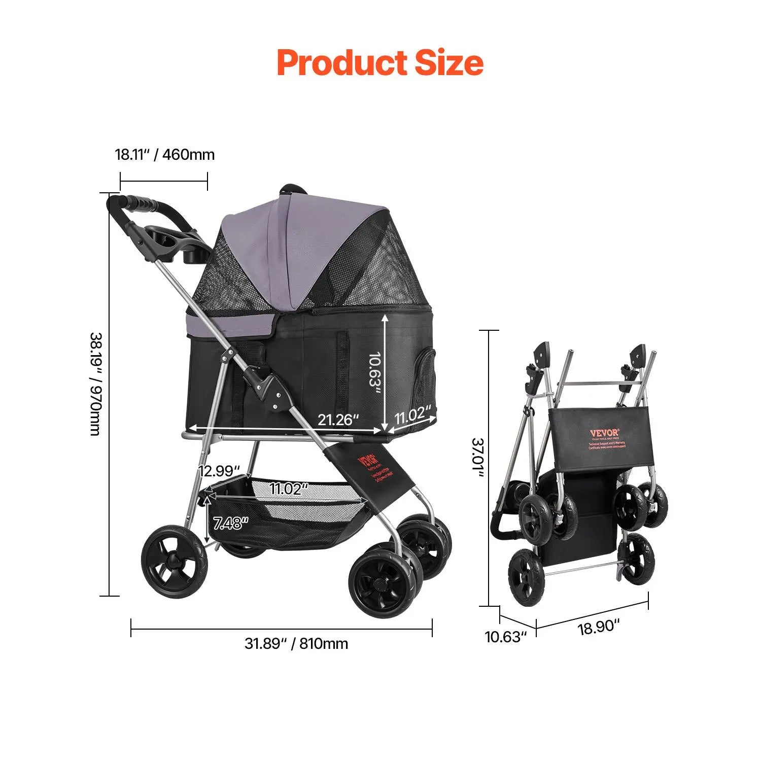 VEVOR Foldable Pet Stroller with 35 lbs Weight Capacity, 4-Wheel Dog and Cat Pram, Detachable Carrier, Mesh Windows, and Brake for Small to Medium Pets
