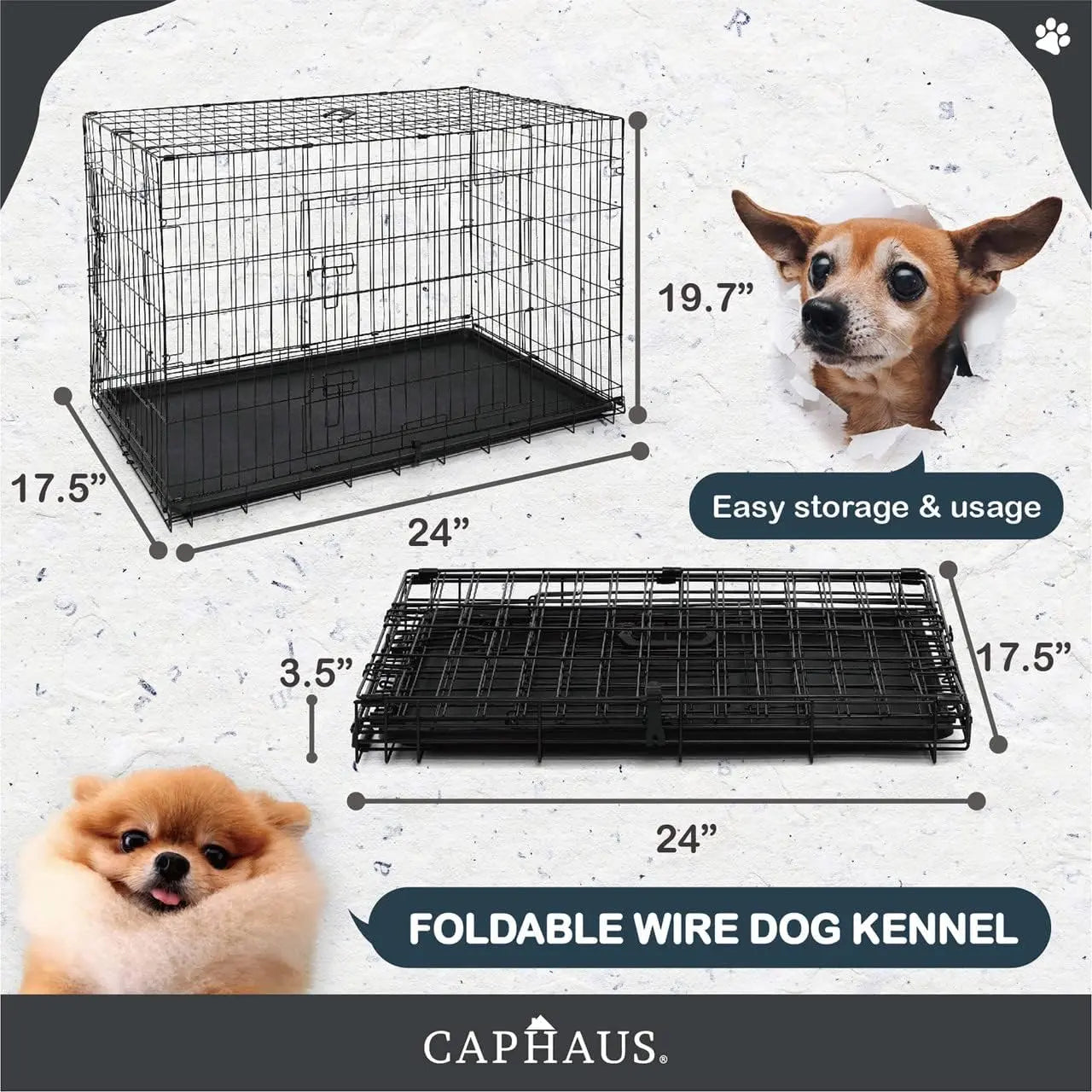 CAPHAUS Foldable Wire Dog Crate with Leak-Proof Pan, Protective Feet, and Divider Panel for Small, Medium, and Large Dogs - Available in 24” and 30” Single Door Options