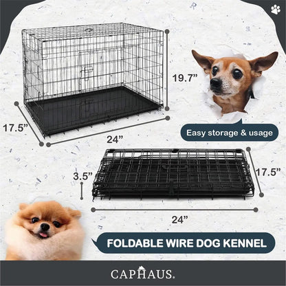 CAPHAUS Foldable Wire Dog Crate with Leak-Proof Pan, Protective Feet, and Divider Panel for Small, Medium, and Large Dogs - Available in 24” and 30” Single Door Options