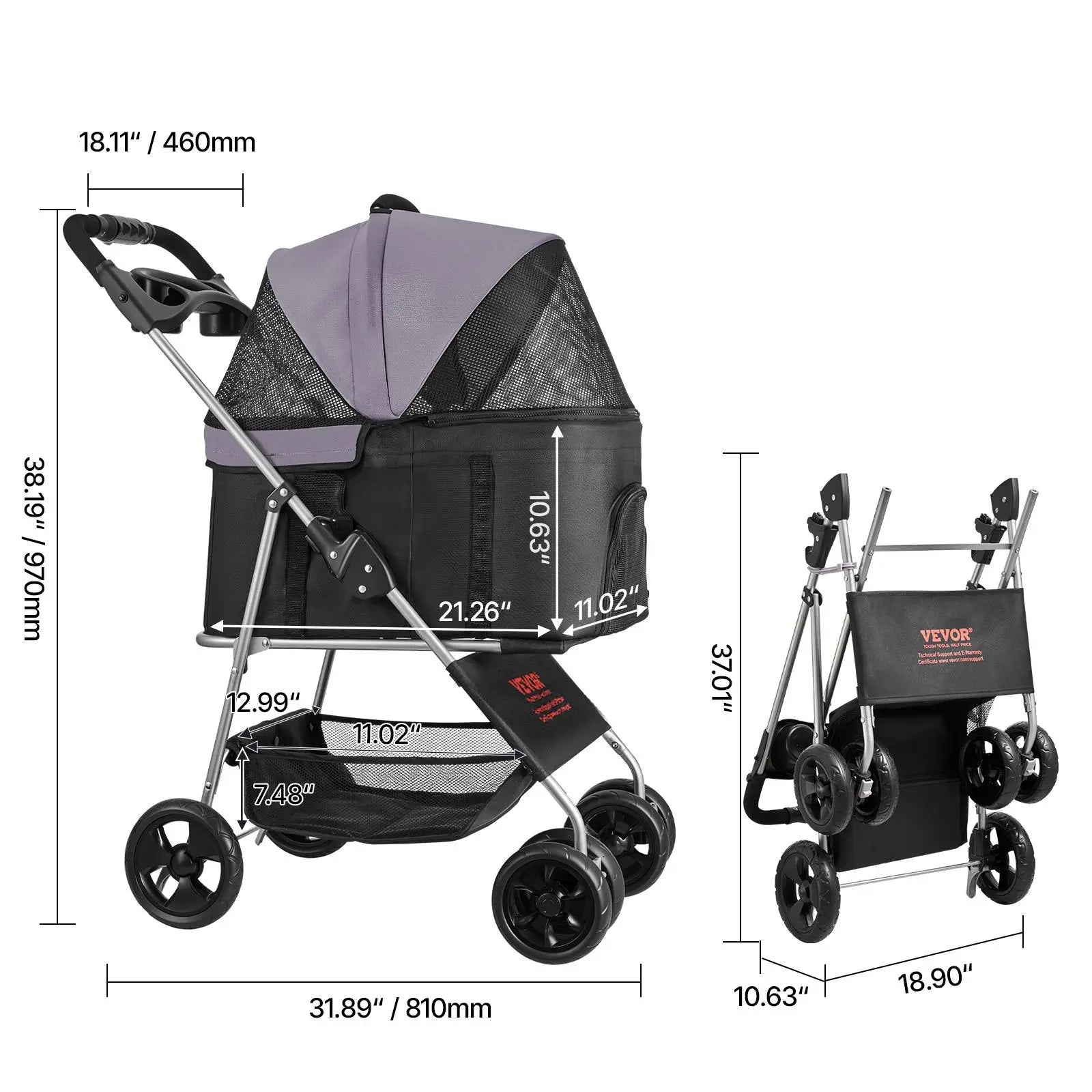 VEVOR Foldable Pet Stroller with 35 lbs Weight Capacity, 4-Wheel Dog and Cat Pram, Detachable Carrier, Mesh Windows, and Brake for Small to Medium Pets