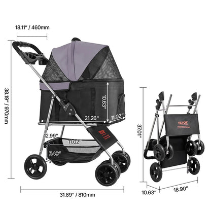 VEVOR Foldable Pet Stroller with 35 lbs Weight Capacity, 4-Wheel Dog and Cat Pram, Detachable Carrier, Mesh Windows, and Brake for Small to Medium Pets