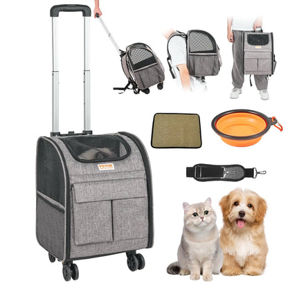 VEVOR Airline Approved Rolling Cat Carrier with Wheels, Telescopic Handle, and Shoulder Strap, Includes Folding Bowl