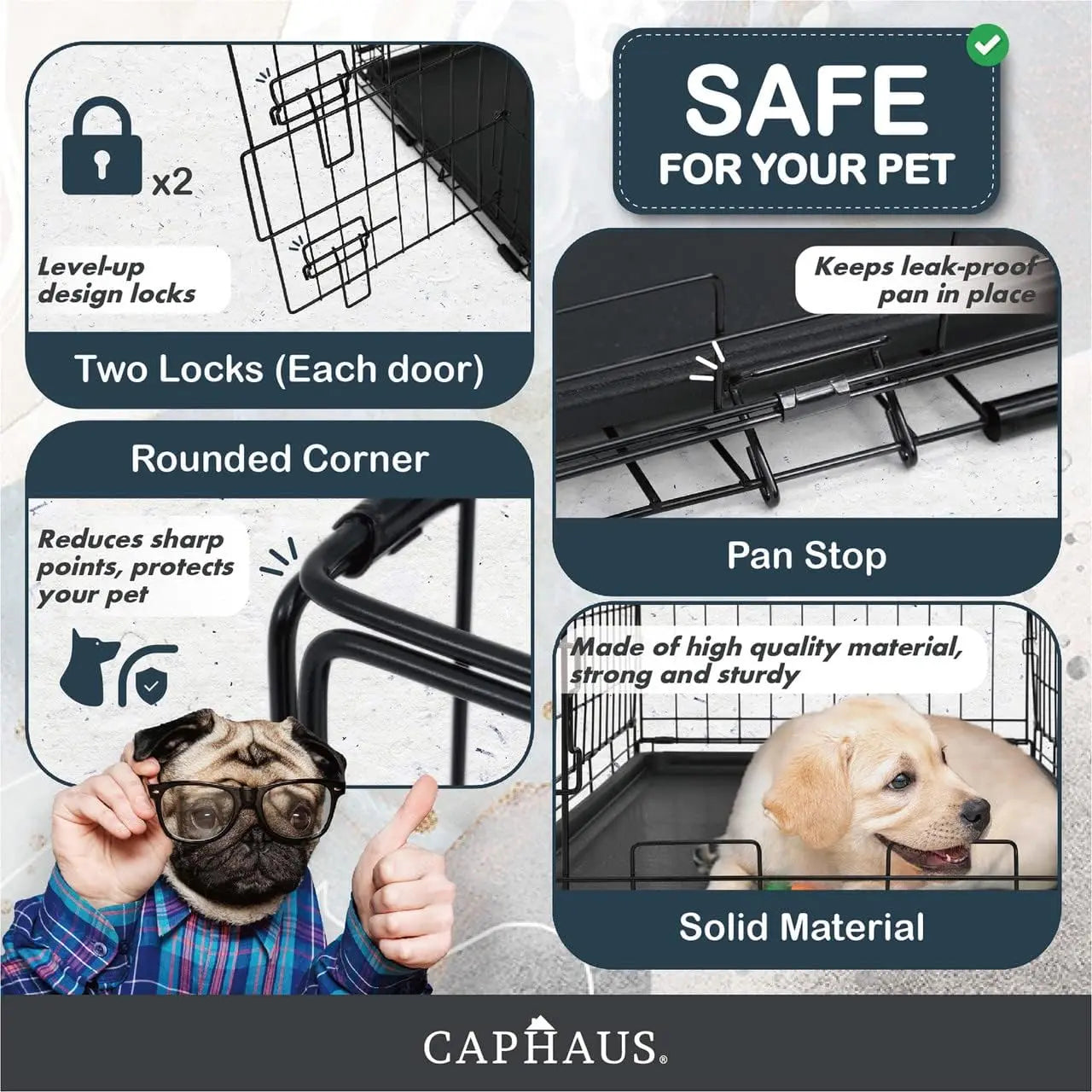 CAPHAUS Foldable Wire Dog Crate with Leak-Proof Pan, Protective Feet, and Divider Panel for Small, Medium, and Large Dogs - Available in 24” and 30” Single Door Options