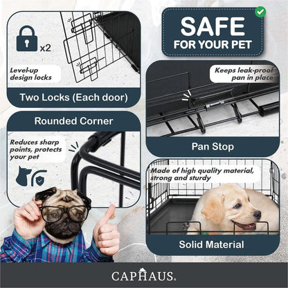 CAPHAUS Foldable Wire Dog Crate with Leak-Proof Pan, Protective Feet, and Divider Panel for Small, Medium, and Large Dogs - Available in 24” and 30” Single Door Options