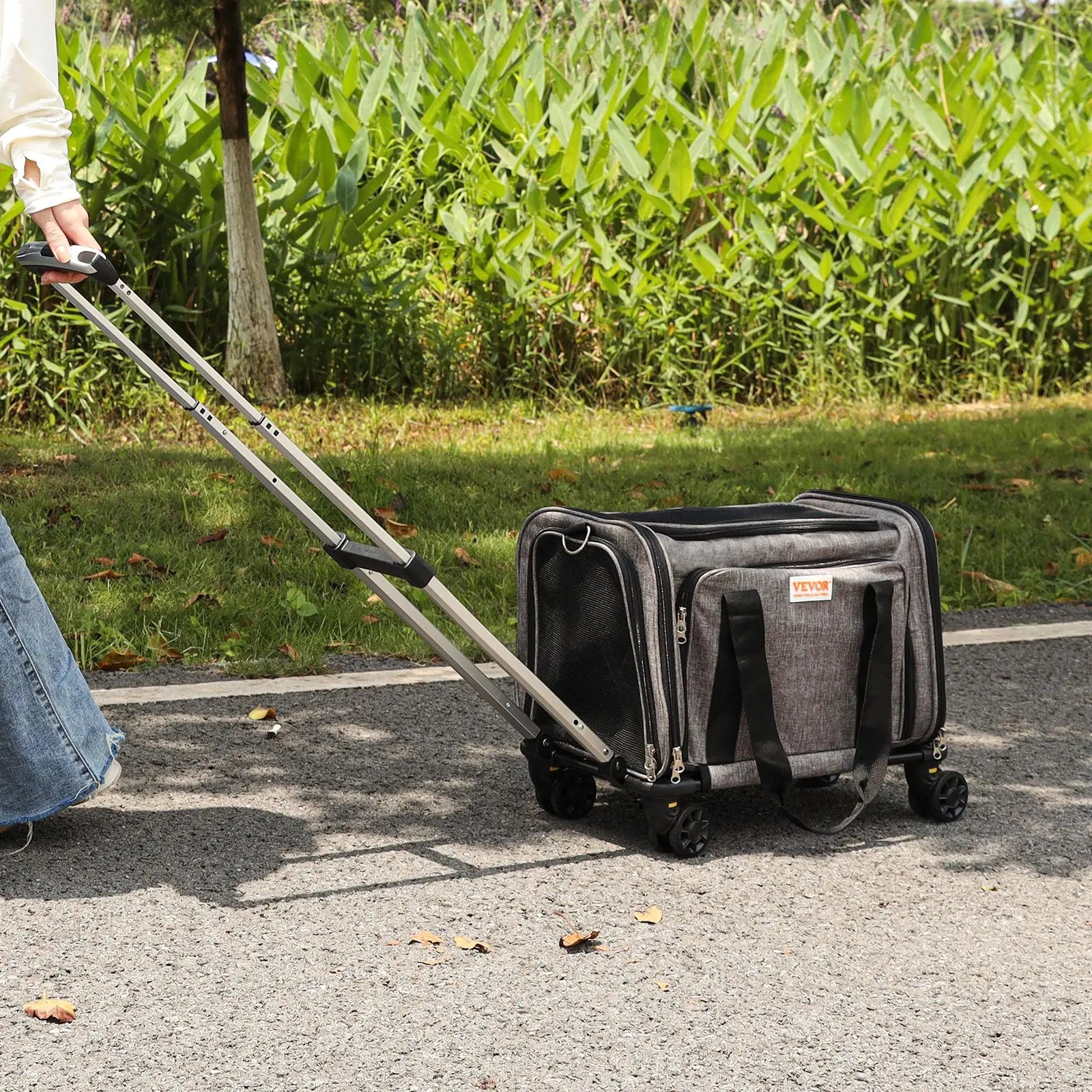 VEVOR Airline Approved Rolling Cat Carrier with Wheels, Telescopic Handle, and Shoulder Strap, Includes Folding Bowl