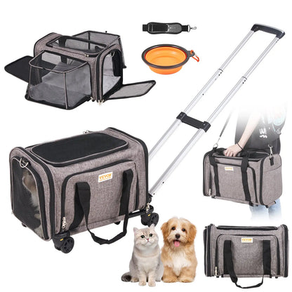 VEVOR Airline Approved Rolling Cat Carrier with Wheels, Telescopic Handle, and Shoulder Strap, Includes Folding Bowl
