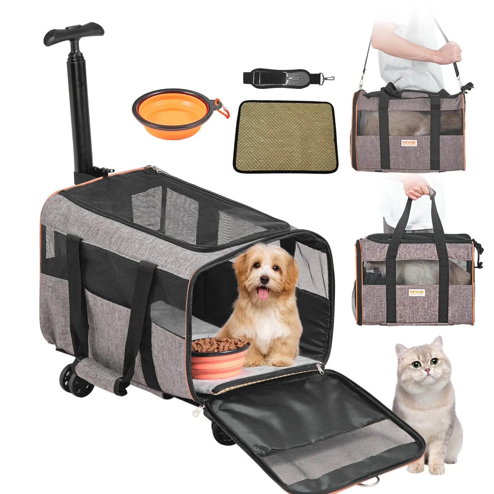 VEVOR Airline Approved Rolling Cat Carrier with Wheels, Telescopic Handle, and Shoulder Strap, Includes Folding Bowl