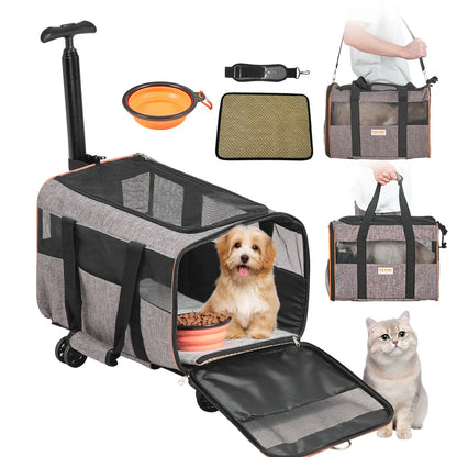 VEVOR Airline Approved Rolling Cat Carrier with Wheels, Telescopic Handle, and Shoulder Strap, Includes Folding Bowl
