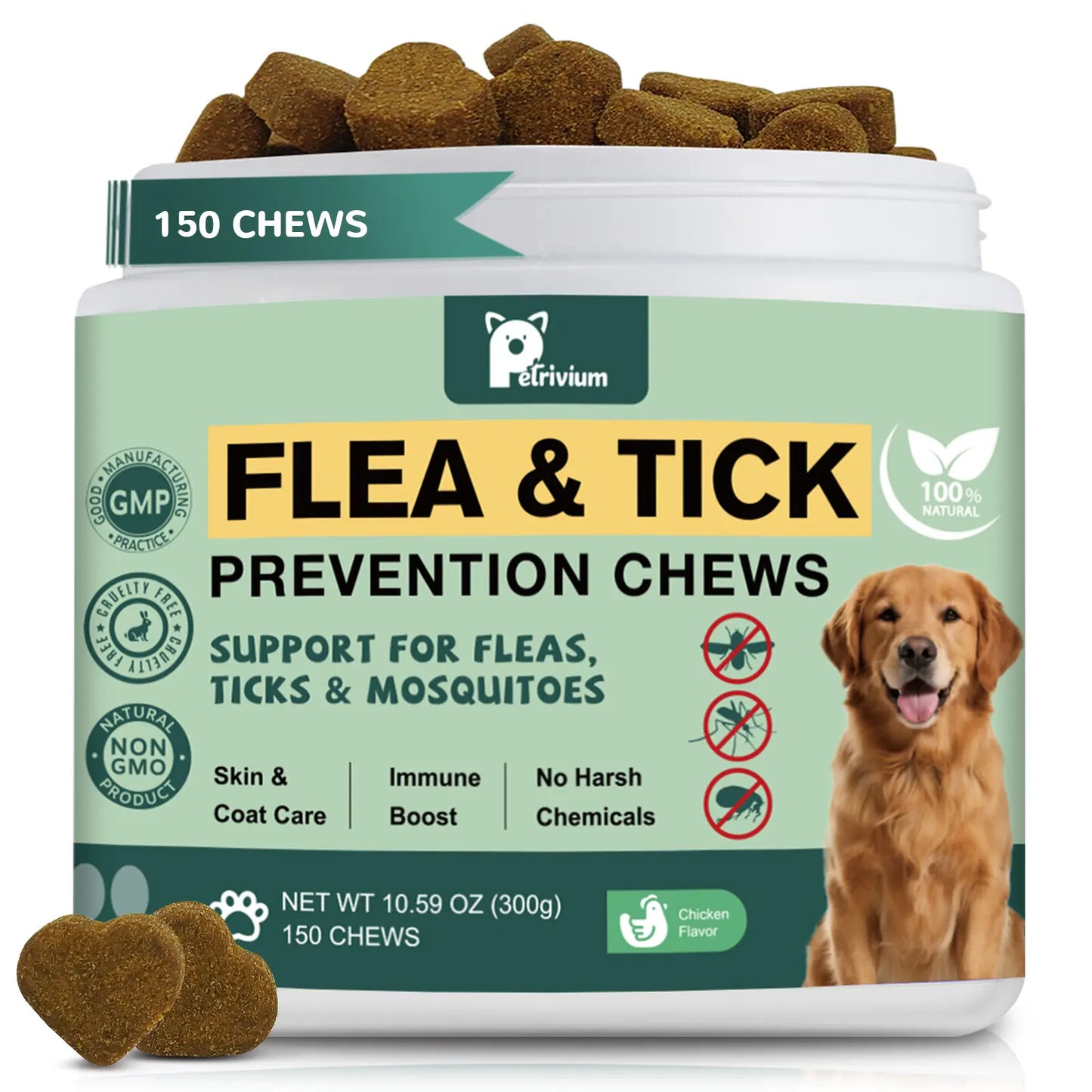 Dog Flea and Tick Support Soft Chews - Natural Oral Supplement for All Breeds and Sizes - 150 Chicken Flavored Treats