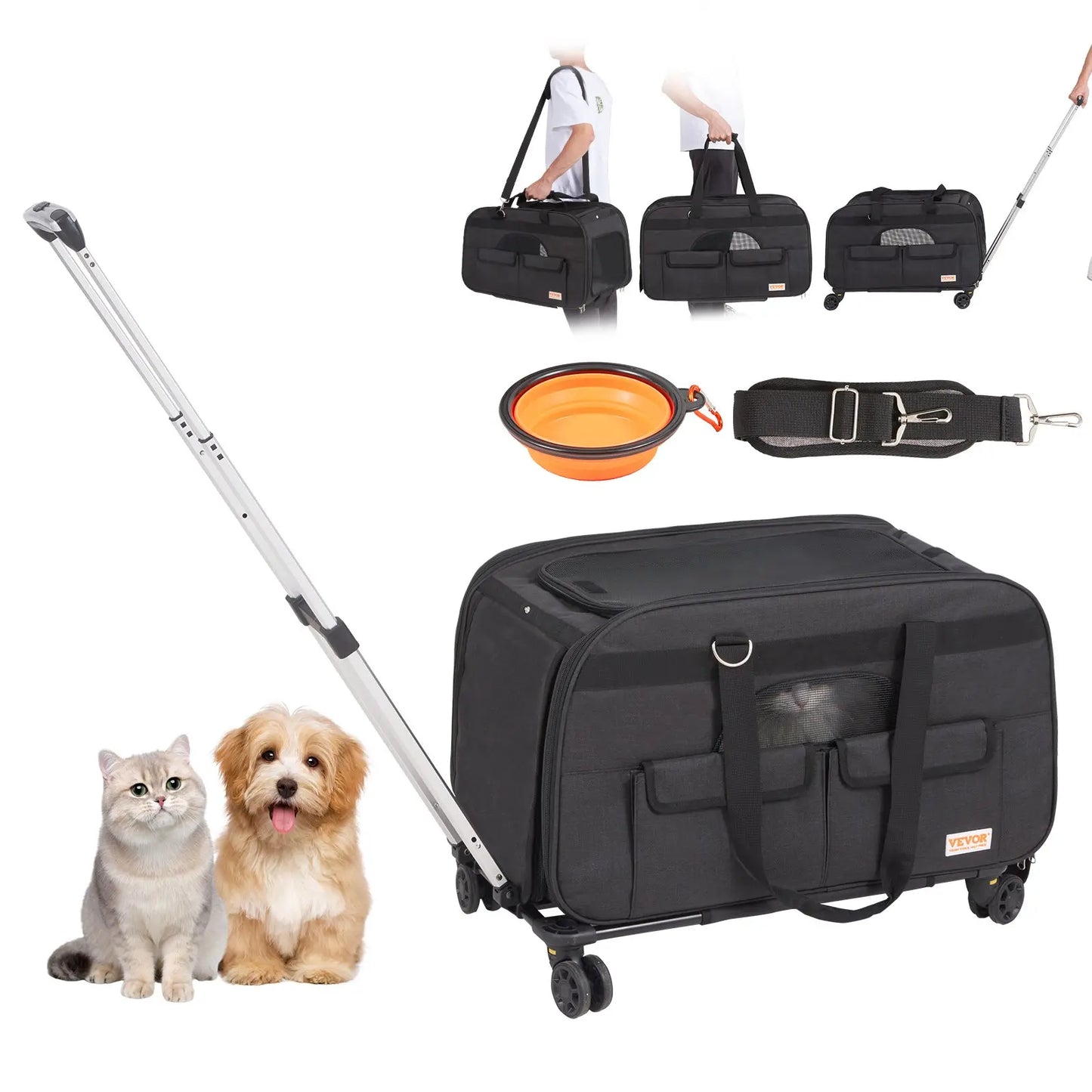 VEVOR Airline Approved Rolling Cat Carrier with Wheels, Telescopic Handle, and Shoulder Strap, Includes Folding Bowl