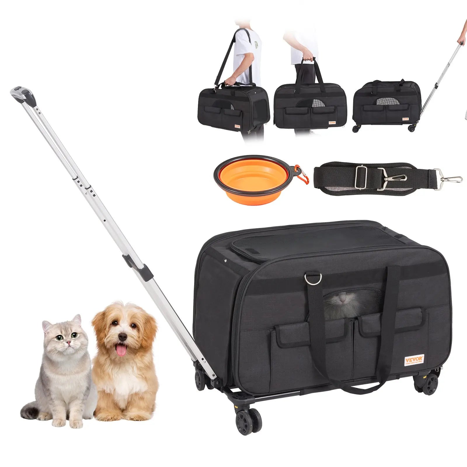 VEVOR Airline Approved Rolling Cat Carrier with Wheels, Telescopic Handle, and Shoulder Strap, Includes Folding Bowl