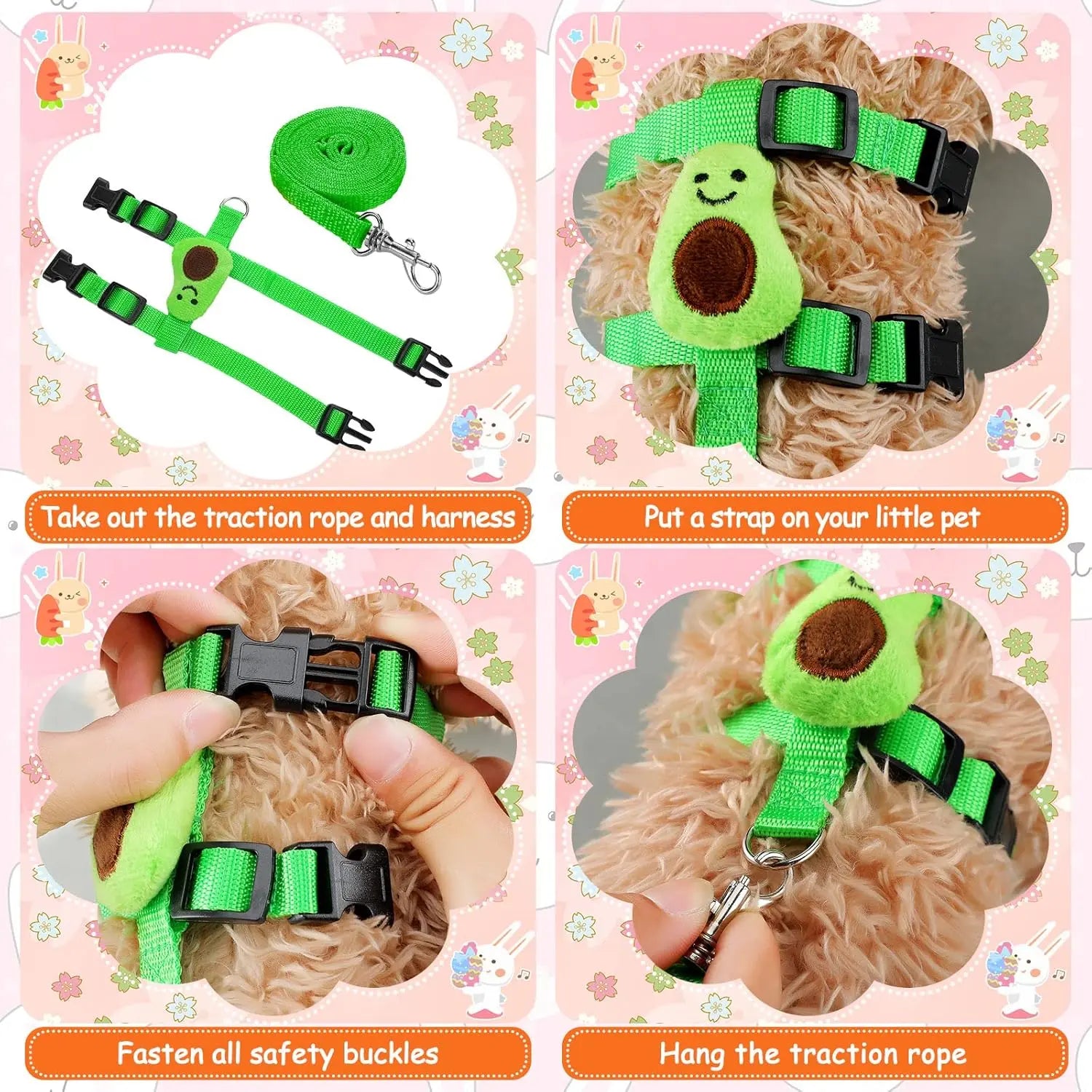 4-Pack Adjustable Rabbit Vest Harness with Traction Rope for Small Pets - Ideal for Walking and Outdoor Activities