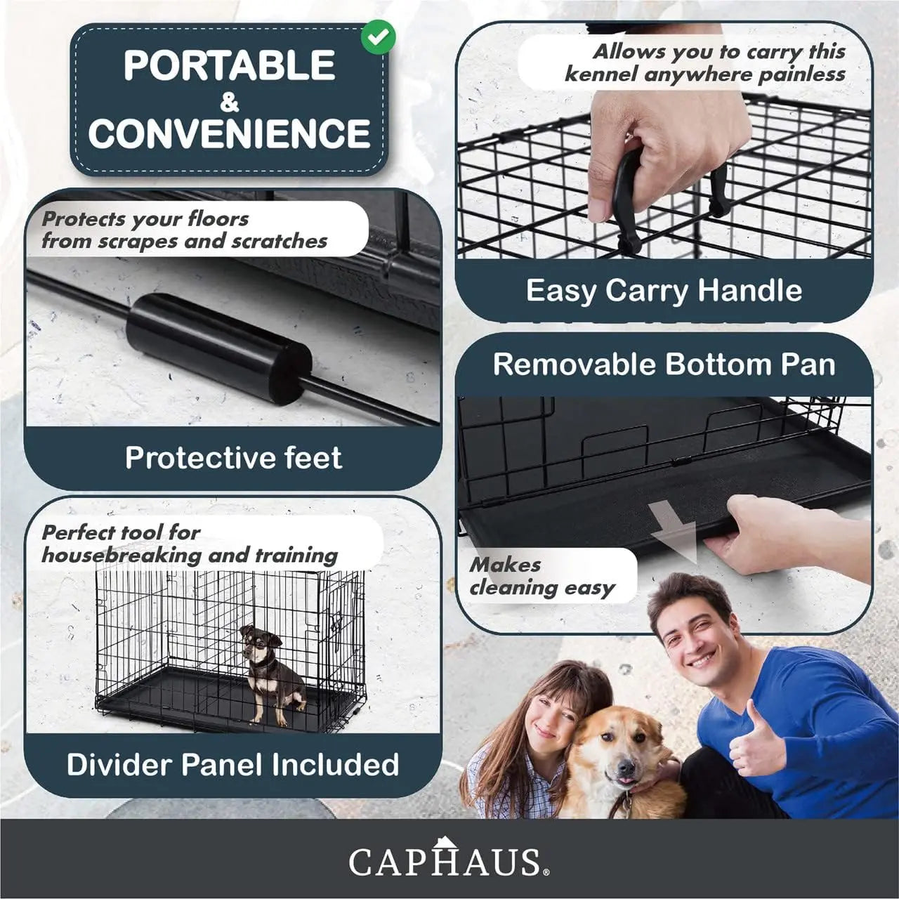 CAPHAUS Foldable Wire Dog Crate with Leak-Proof Pan, Protective Feet, and Divider Panel for Small, Medium, and Large Dogs - Available in 24” and 30” Single Door Options