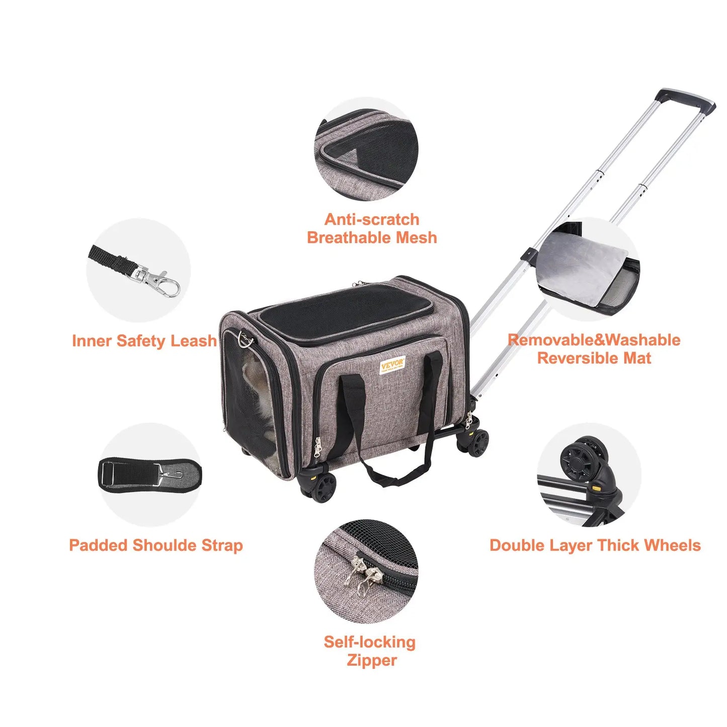 VEVOR Airline Approved Rolling Cat Carrier with Wheels, Telescopic Handle, and Shoulder Strap, Includes Folding Bowl
