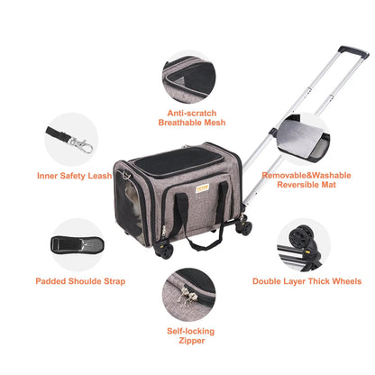 VEVOR Airline Approved Rolling Cat Carrier with Wheels, Telescopic Handle, and Shoulder Strap, Includes Folding Bowl