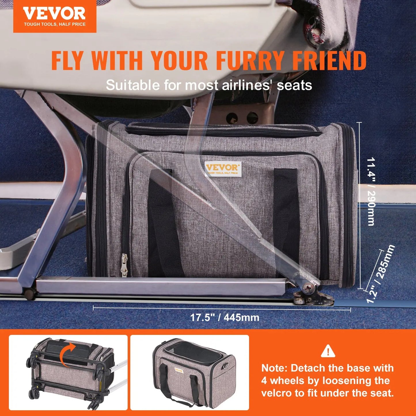 VEVOR Airline Approved Rolling Cat Carrier with Wheels, Telescopic Handle, and Shoulder Strap, Includes Folding Bowl