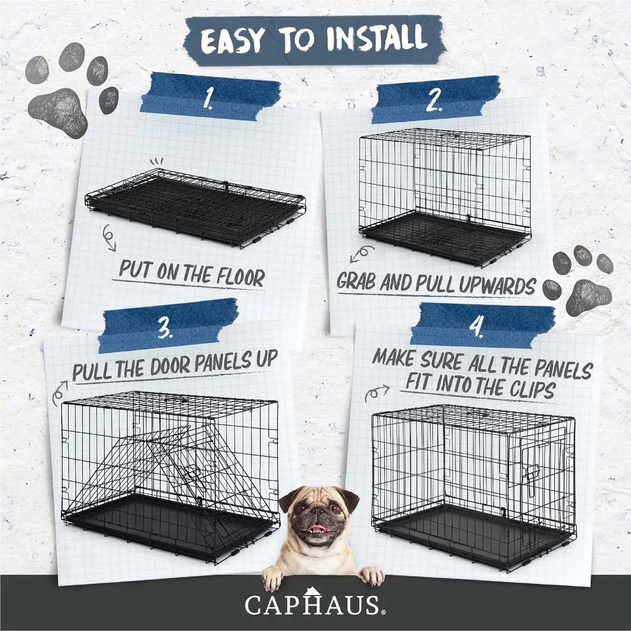CAPHAUS Foldable Wire Dog Crate with Leak-Proof Pan, Protective Feet, and Divider Panel for Small, Medium, and Large Dogs - Available in 24” and 30” Single Door Options