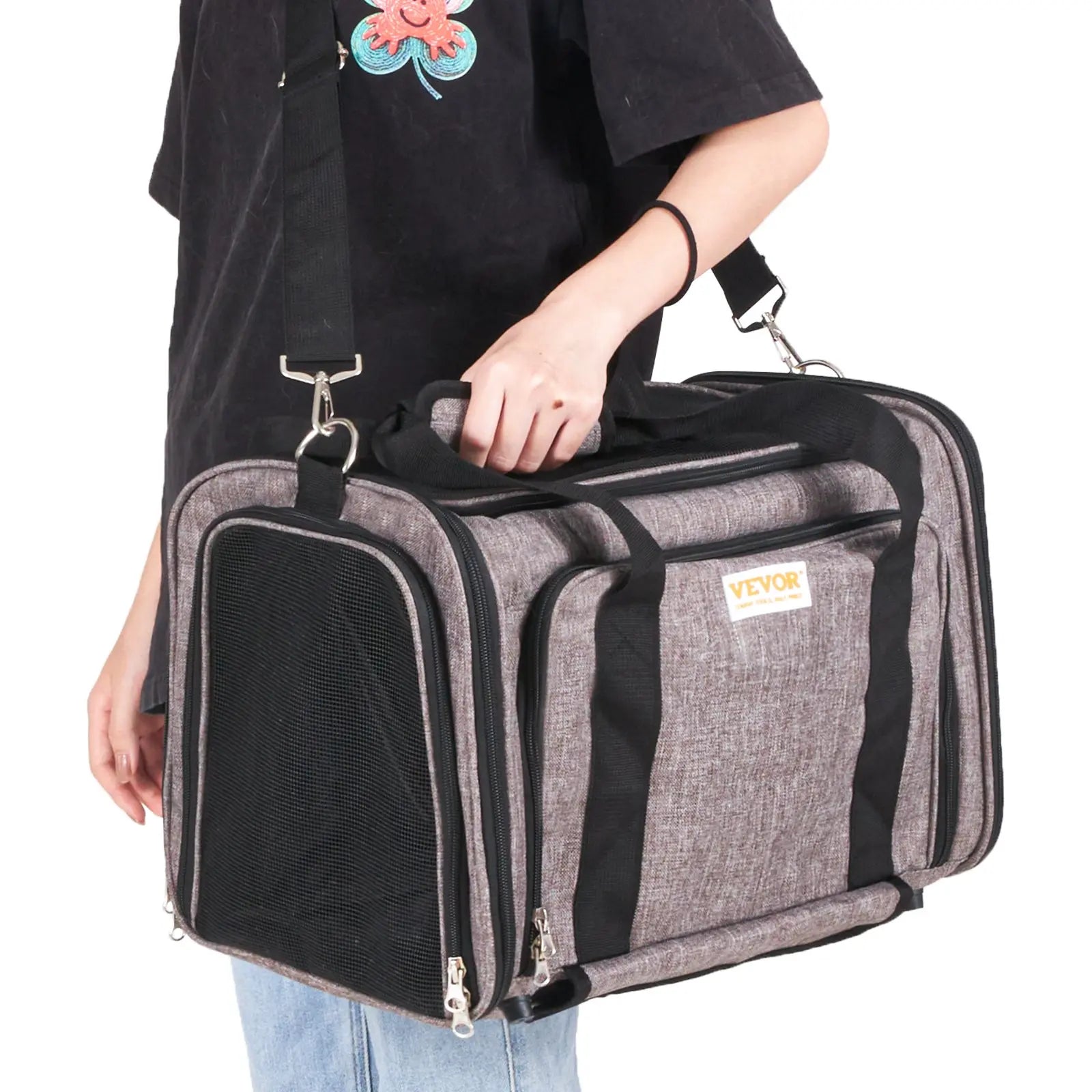 VEVOR Airline Approved Rolling Cat Carrier with Wheels, Telescopic Handle, and Shoulder Strap, Includes Folding Bowl