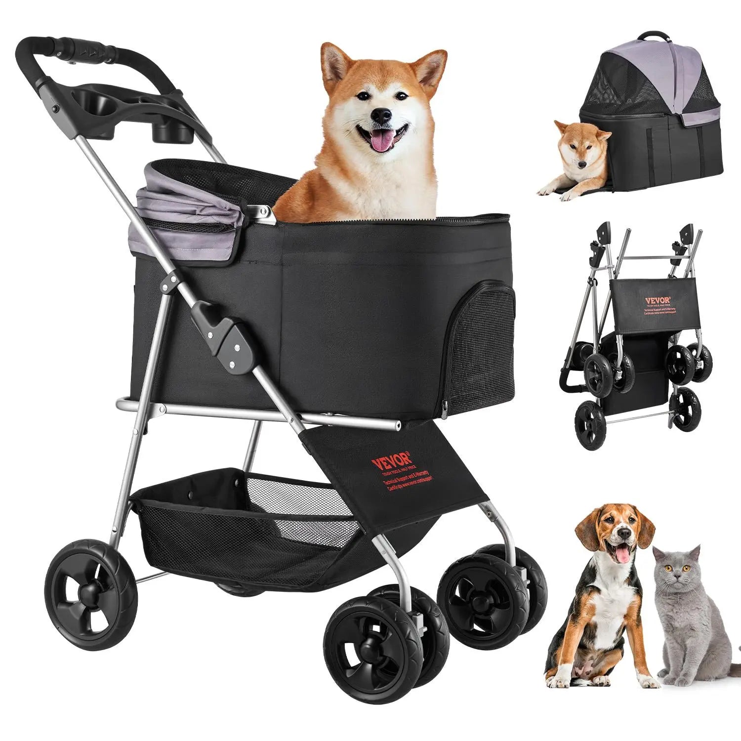 VEVOR Foldable Pet Stroller with 35 lbs Weight Capacity, 4-Wheel Dog and Cat Pram, Detachable Carrier, Mesh Windows, and Brake for Small to Medium Pets